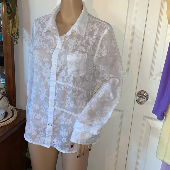 Vintage West Beach sheer white hibiscus flower button down shirt blouse top M - Picture 3 of 15